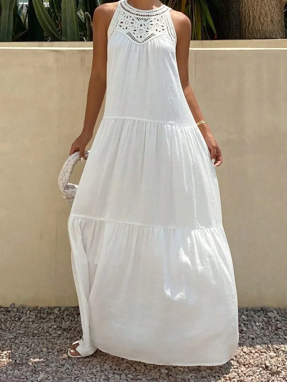White Boho Women's Vacation Ruffle Hem Sundress